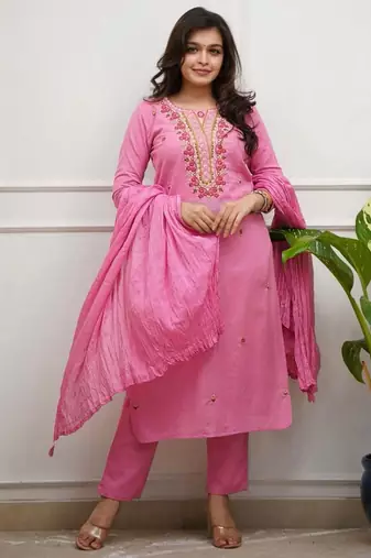 pink silk blend embroidered kurta sets