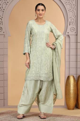 Green satin silk kurta set with farsi pant style & dupatta