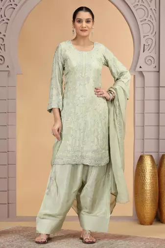 Green satin silk kurta set with farsi pant style & dupatta