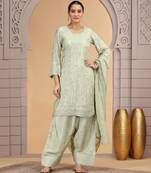 Green satin silk kurta set with farsi pant style & dupatta