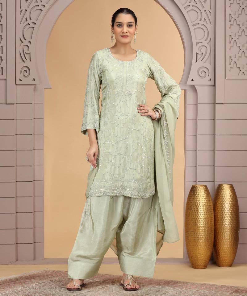 Green satin silk kurta set with farsi pant style & dupatta