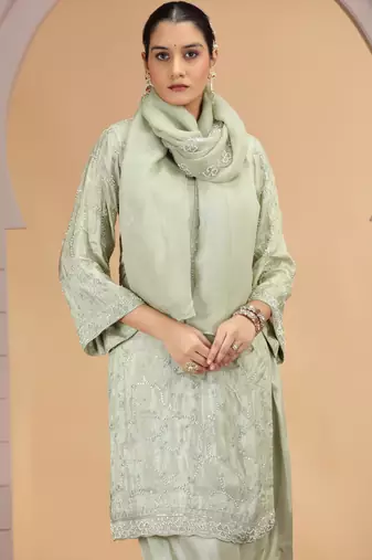 Green satin silk kurta set with farsi pant style & dupatta