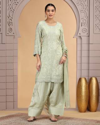 Green satin silk kurta set with farsi pant style & dupatta 3