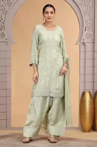 Green satin silk kurta set with farsi pant style & dupatta