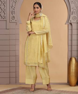 Yellow satin silk kurta set with farsi pant style & dupatta 1