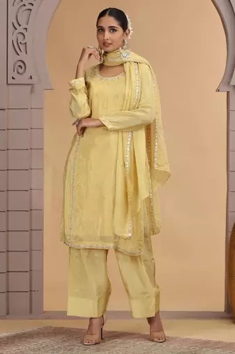 Yellow satin silk kurta set with farsi pant style & dupatta