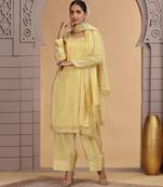Yellow satin silk kurta set with farsi pant style & dupatta