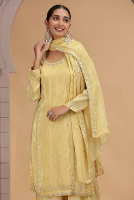 Yellow satin silk kurta set with farsi pant style & dupatta 2