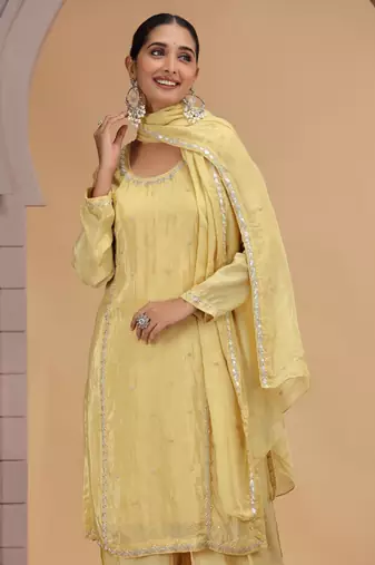 Yellow satin silk kurta set with farsi pant style & dupatta