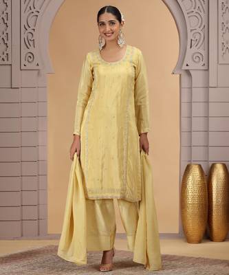 Yellow satin silk kurta set with farsi pant style & dupatta 3