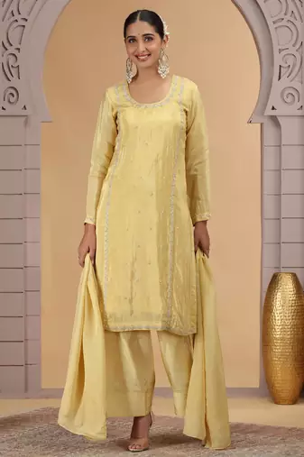 Yellow satin silk kurta set with farsi pant style & dupatta