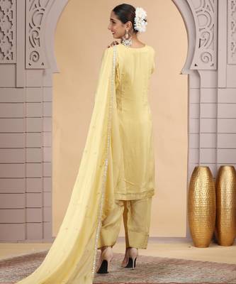 Yellow satin silk kurta set with farsi pant style & dupatta 4