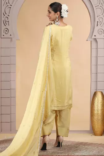 Yellow satin silk kurta set with farsi pant style & dupatta