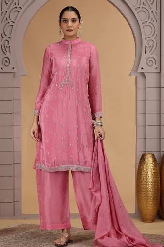 Pink satin silk kurta set with farsi pant style & dupatta
