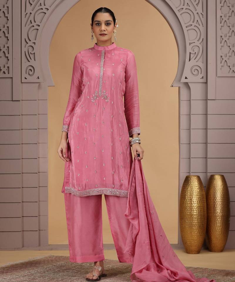 Pink satin silk kurta set with farsi pant style & dupatta