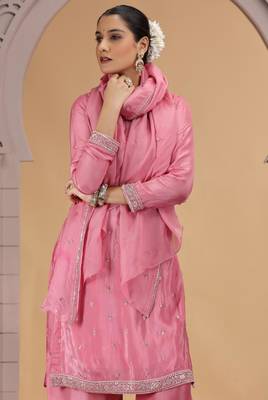 Pink satin silk kurta set with farsi pant style & dupatta 2