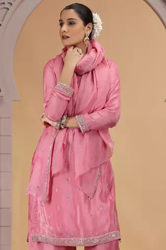 Pink satin silk kurta set with farsi pant style & dupatta