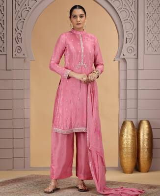Pink satin silk kurta set with farsi pant style & dupatta 3