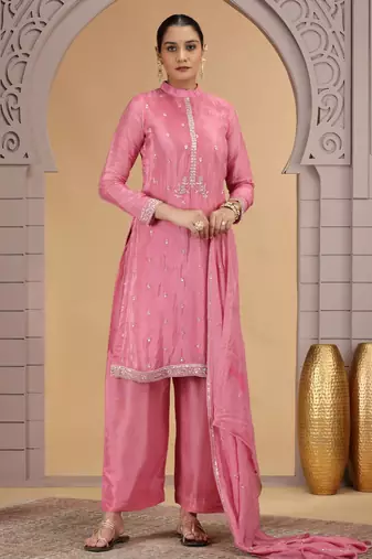 Pink satin silk kurta set with farsi pant style & dupatta