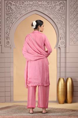 Pink satin silk kurta set with farsi pant style & dupatta 4