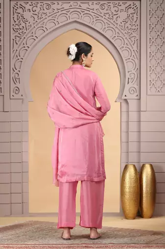 Pink satin silk kurta set with farsi pant style & dupatta