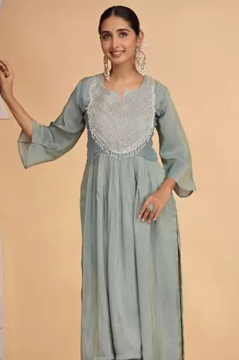 Green orgenza shimmer a - line kurta set with pant