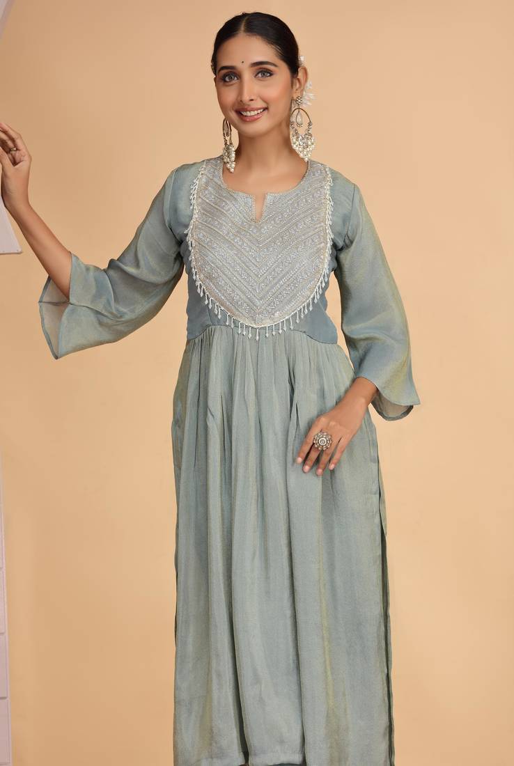 Green orgenza shimmer a - line kurta set with pant