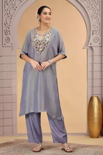 Grey orgenza shimmer a - line kurta set with loose pant style