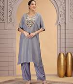 Grey orgenza shimmer a - line kurta set with loose pant style