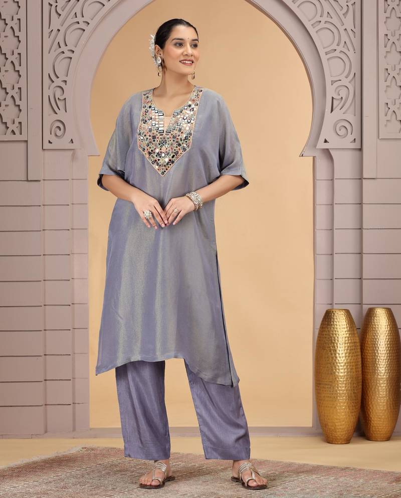 Grey orgenza shimmer a - line kurta set with loose pant style