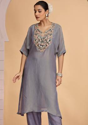 Grey orgenza shimmer a - line kurta set with loose pant style 2