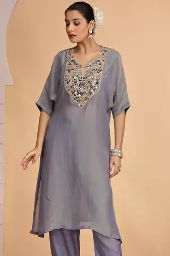 Grey orgenza shimmer a - line kurta set with loose pant style