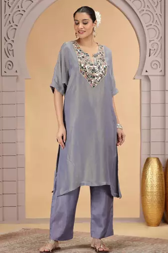 Grey orgenza shimmer a - line kurta set with loose pant style