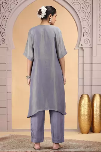 Grey orgenza shimmer a - line kurta set with loose pant style