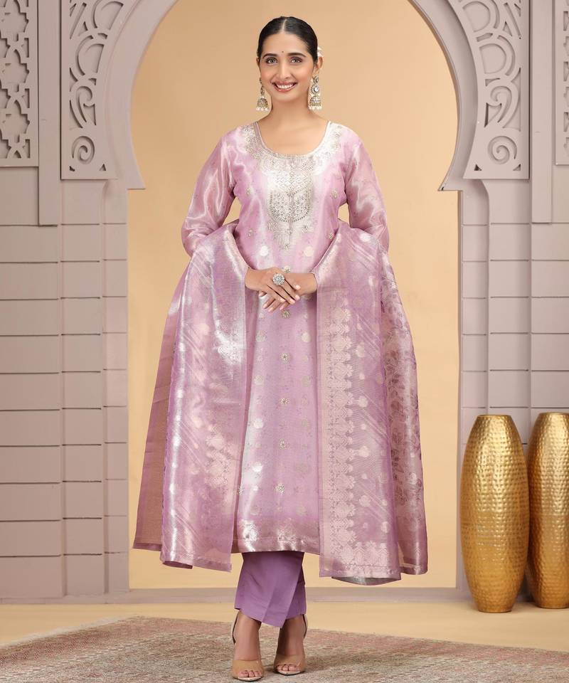 Purple orgenza jacquard kurta set with pant & dupatta