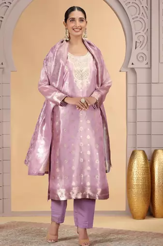 Purple orgenza jacquard kurta set with pant & dupatta