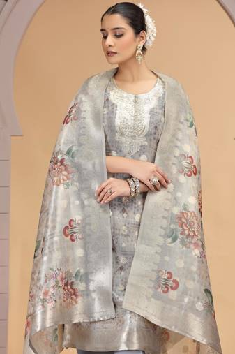 Grey orgenza jacquard kurta set with pant & dupatta