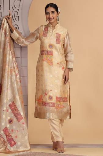 Golden orgenza jacquard kurta set with pant & dupatta