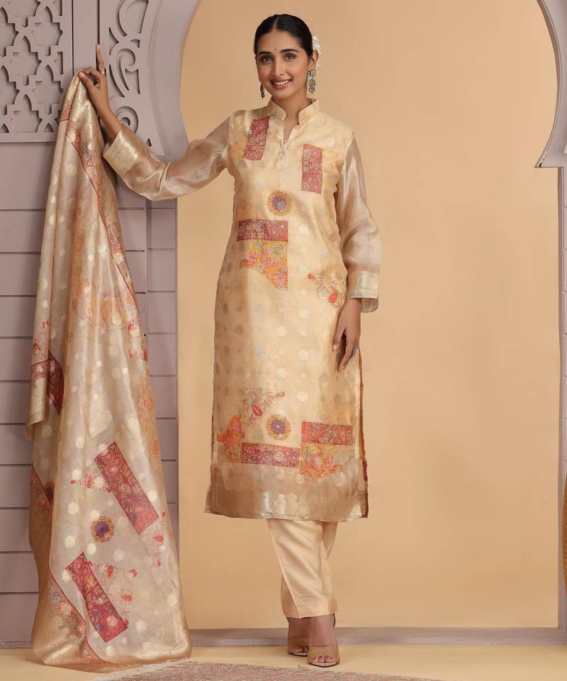 Golden orgenza jacquard kurta set with pant & dupatta