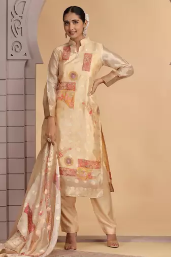 Golden orgenza jacquard kurta set with pant & dupatta