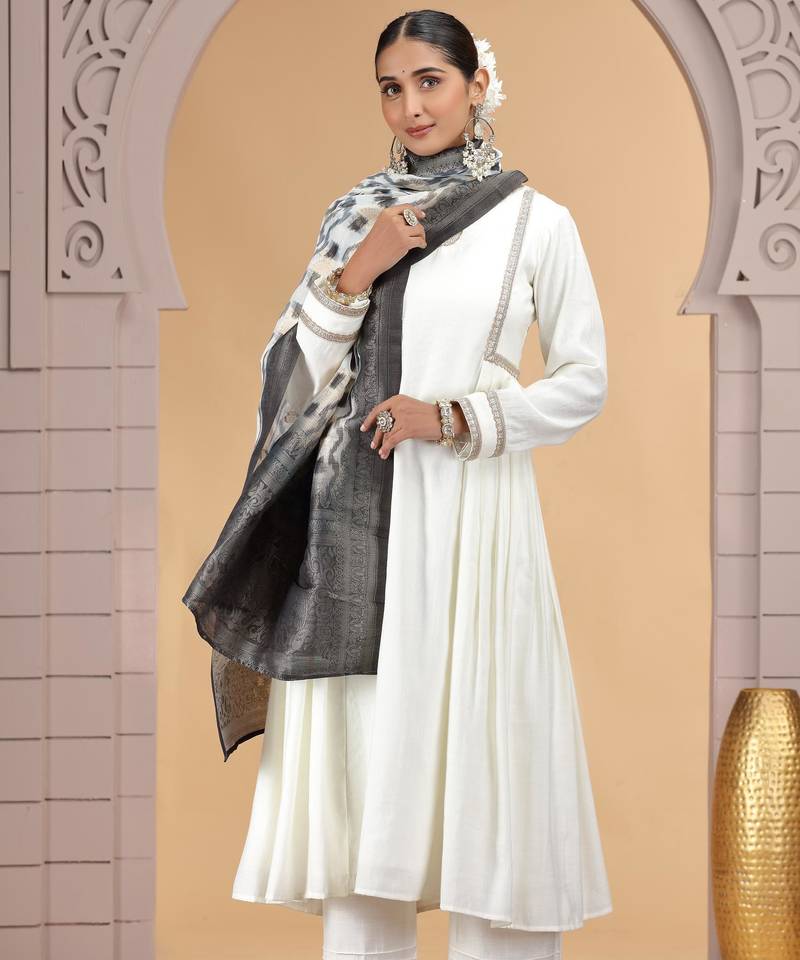 Off white chiffon designer suit with pant & dupatta