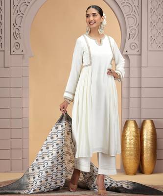 Off white chiffon designer suit with pant & dupatta 2