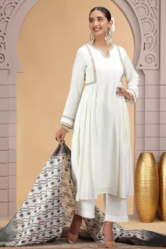 Off white chiffon designer suit with pant & dupatta