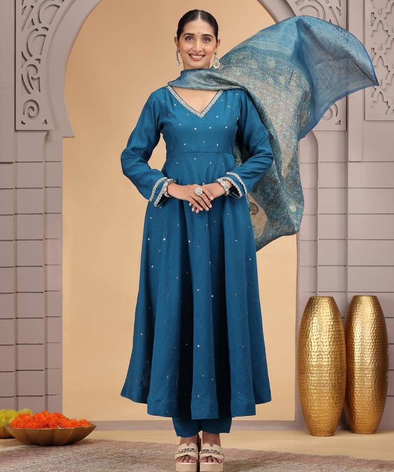 Blue chiffon designer suit with pant & dupatta