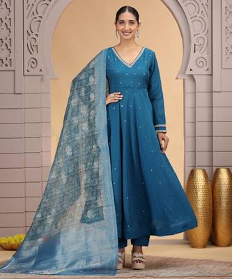 Blue chiffon designer suit with pant & dupatta 2