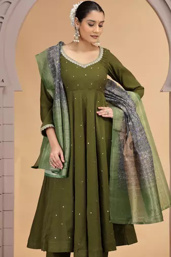 Green chiffon designer suit with pant & dupatta