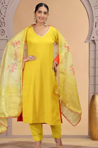 Yellow  chiffon kurta set with pant & dupatta