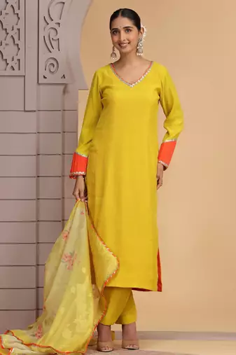 Yellow  chiffon kurta set with pant & dupatta