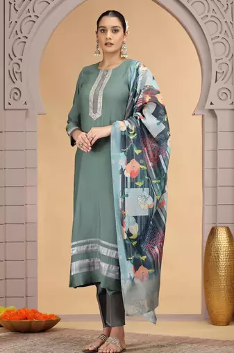 Green chiffon kurta set with loose pant & dupatta