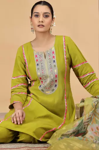 Green chiffon a - line kurta set with pant & dupatta